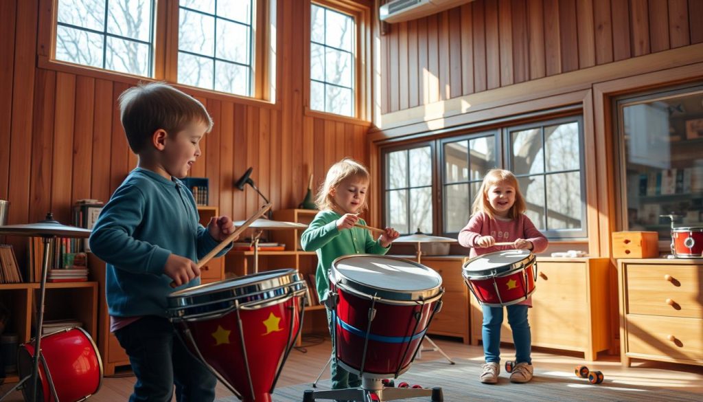 Barn som spiller trommer og lærer musikkopplæring