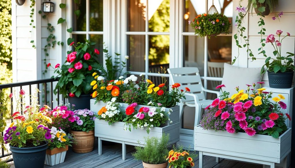 Blomsterkasser på balkong