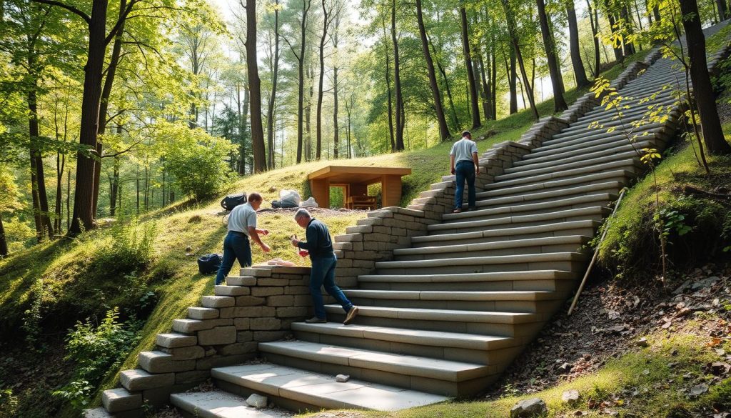 Bygge steintrapp i skråning landskapsdesign