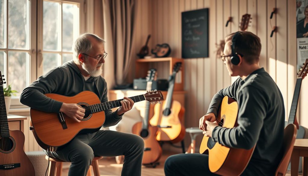 Gitarlærer med elev under musikkundervisning