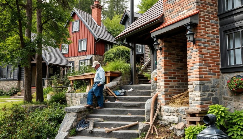 Håndverker arbeider med pipe og steintrapp