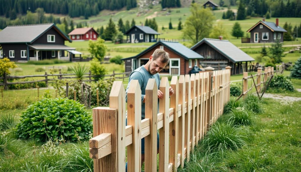 Håndverker som bygger gjerde