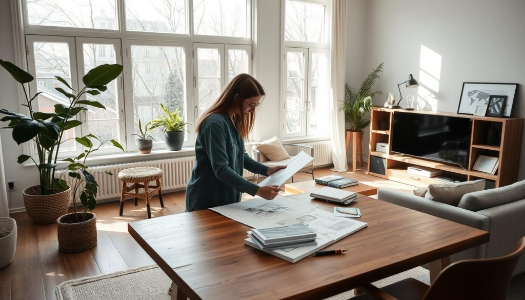 Interiørdesigner som arbeider med prosjekt