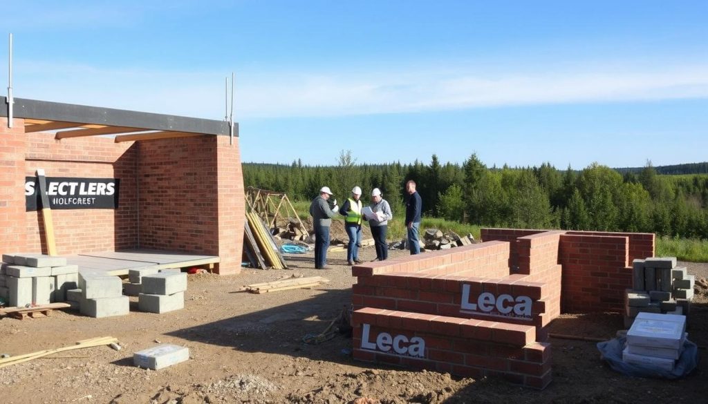 Leca-blokker og teglstein i byggeprosjekt