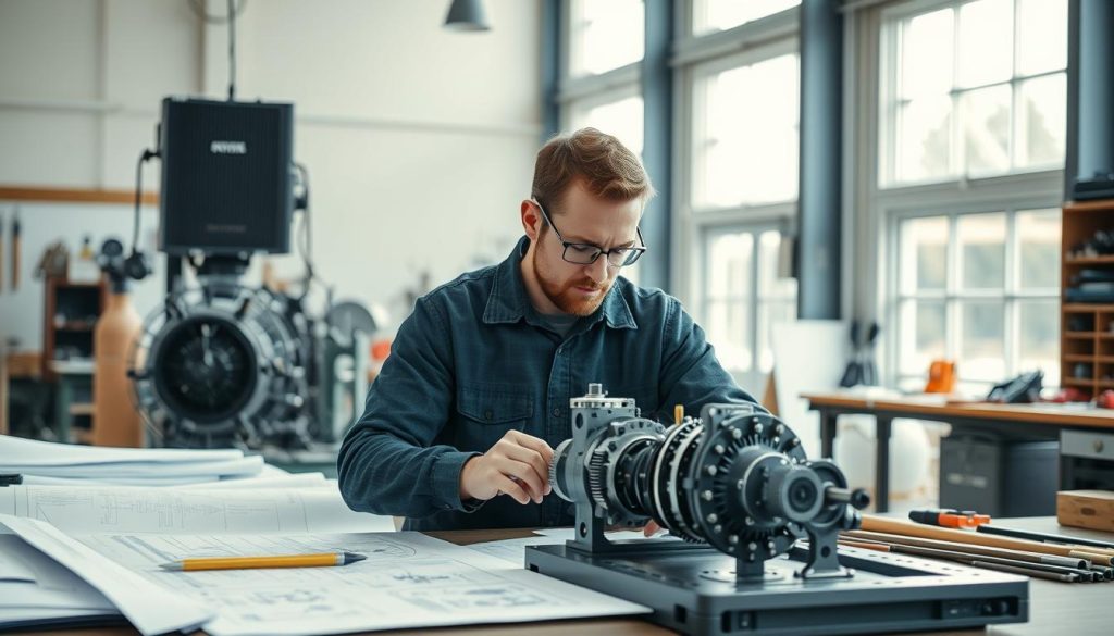 Maskiningeniør arbeider med teknisk konstruksjon