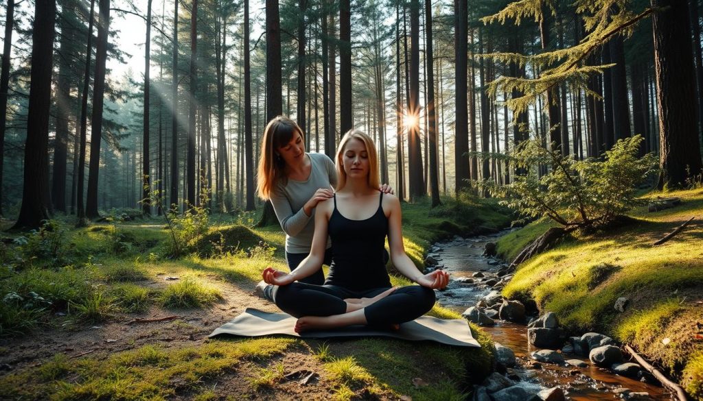 Meditasjonsveileder som hjelper person med meditasjon