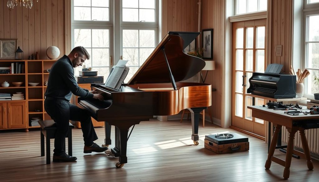 Profesjonell pianostemmer i arbeid